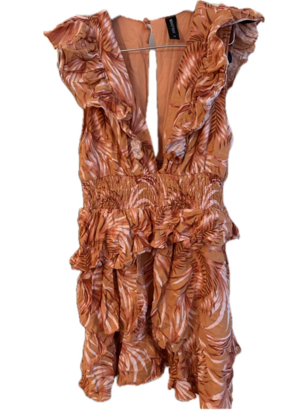 Women's MINKPINK Mini Dress Size M Orange White Tropical Print Ruffle